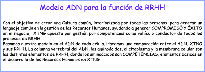 Modelo ADN para la función de RRHH Con el objetivo de crear una Cultura común, interiorizada por todas las personas, para generar un lenguaje común en la gestión de los Recursos Humanos, ayudando a generar COMPROMISO Y ÉXITO en el negocio, XTNG apuesta por gestión por competencias como vehículo conductor de todos los procesos de RRHH. Basamos nuestro modelo en el ADN de cada célula. Hacemos una comparación entre el ADN, XTNG y sus RRHH. La columna vertebral del ADN, los aminoácidos, el citoplasma y la membrana celular son los distintos elementos de RRHH, donde los aminoácidos son COMPETENCIAS, elementos básicos en el desarrollo de los Recursos Humanos en XTNG 