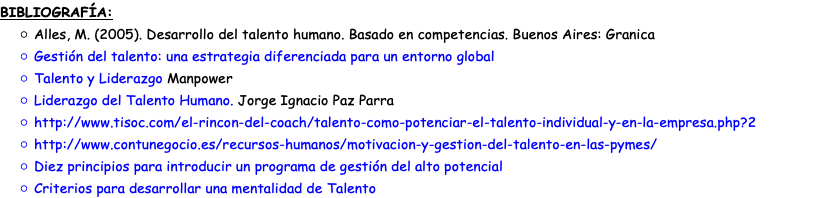 BIBLIOGRAFÍA: Alles, M. (2005). Desarrollo del talento humano. Basado en competencias. Buenos Aires: Granica Gestión del talento: una estrategia diferenciada para un entorno global Talento y Liderazgo Manpower Liderazgo del Talento Humano. Jorge Ignacio Paz Parra http://www.tisoc.com/el-rincon-del-coach/talento-como-potenciar-el-talento-individual-y-en-la-empresa.php?2 http://www.contunegocio.es/recursos-humanos/motivacion-y-gestion-del-talento-en-las-pymes/ Diez principios para introducir un programa de gestión del alto potencial Criterios para desarrollar una mentalidad de Talento