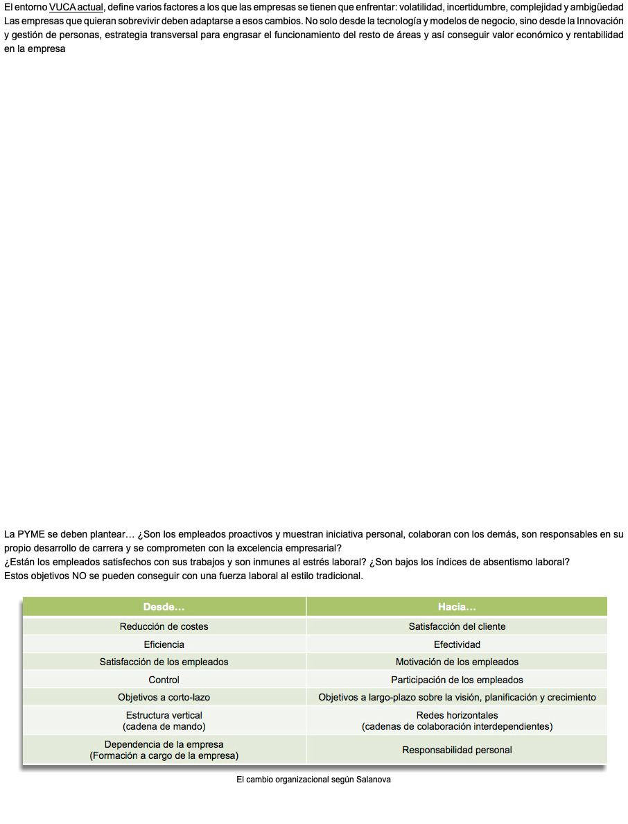 El entorno VUCA actual, define varios factores a los que las empresas se tienen que enfrentar: volatilidad, incertidumbre, complejidad y ambigüedad Las empresas que quieran sobrevivir deben adaptarse a esos cambios. No solo desde la tecnología y modelos de negocio, sino desde la Innovación y gestión de personas, estrategia transversal para engrasar el funcionamiento del resto de áreas y así conseguir valor económico y rentabilidad en la empresa La PYME se deben plantear… ¿Son los empleados proactivos y muestran iniciativa personal, colaboran con los demás, son responsables en su propio desarrollo de carrera y se comprometen con la excelencia empresarial? ¿Están los empleados satisfechos con sus trabajos y son inmunes al estrés laboral? ¿Son bajos los índices de absentismo laboral? Estos objetivos NO se pueden conseguir con una fuerza laboral al estilo tradicional. ﷯ El cambio organizacional según Salanova